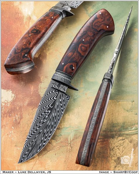 Newly-crowned ABS Journey Smith @LukeDellmyer shows his style! That's a LOT of skill and goodness packed into a 'simple' hunter. Model: Frame Handle Hunter BL/OAL: 4.5" Material: Low Layer Feather Damascus Bolster: Twist Damascus (guard, spacer fluted) Stainless coined spacer Handle: Ironwood Frame: Twist Damascus Thanks LUKE! Feather Damascus, Fancy Knife, Knife Photography, Black Smithing, Knife Ideas, His Style, Handmade Knives, Blacksmithing, Quick Saves