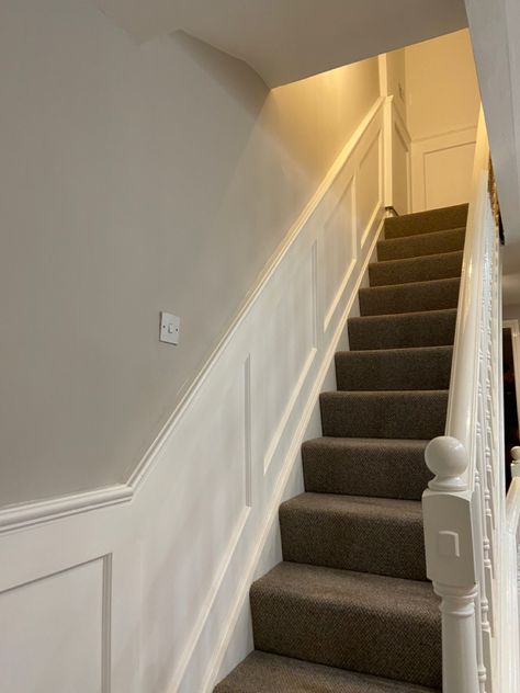 White And Cream Hallway, Eggshell Walls, Cornforth White Hallway, Stair Panelling, Cream Hallway, Moody House, Staircase Paneling, Hallway Paint Colors, Rabe Tattoo