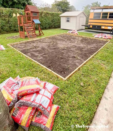 Diy Playground Landscaping, Enclosed Play Area Outdoor, Playset Area In Backyard, Rubber Floor Playground, Backyard Swingset Play Area, Mulch Play Area For Kids, Rubber Mulch Play Area, Backyard Play Area For Kids Landscaping, Diy Backyard Kids Play Area