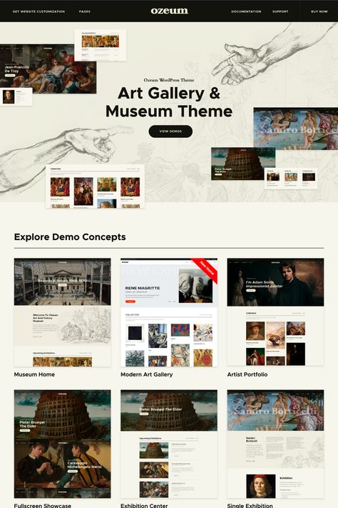 Elevate your online art gallery experience with Ozeum, a modern and creative WordPress theme designed for artists, designers, and art lovers. With RTL support and a user-friendly interface, Ozeum offers a wide range of customizable features, including galleries, portfolios, and blogs. Showcase your artwork, boost your online presence, and connect with a wider audience. Get Ozeum today and explore the world of creative possibilities! Online Art Portfolio Design, Museum Theme, Clean Art, Art Gallery Museum, Wordpress Portfolio, Website Design Inspiration Layout, Gallery Museum, Brand Ideas, Portfolio Website Design