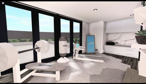 Bloxburg Gym Ideas Aesthetic, Bloxburg Workout Room Ideas, Indoor Pool Bloxburg, Bloxburg Gym Ideas Modern, Gym Room Bloxburg, Yoga Room Bloxburg, Bloxburg Gym Layout, Bloxburg Home Gym Ideas, Gym Ideas Bloxburg