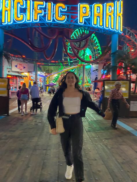 Girl running on boardwalk with amusement park rides in the background on the Santa Monica Pier. 2023 Manifestation, Fear Of Heights, Cali Girl, Santa Monica Pier, 13th Birthday, Santa Monica, Travel Fun, Girls Trip, Ferris Wheel