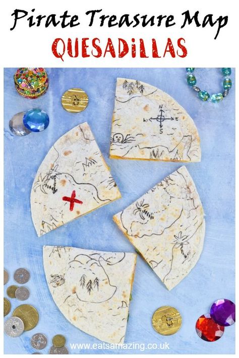 Easy edible pirate treasure map quesadillas recipe - fun pirate party food idea that is perfect for kids lunch boxes too  #EatsAmazing #partyfood #funfood #kidsfood #kidsparty #pirates #partyideas #foodart #edibleart #ediblecraft #treasuremap #healthykids Pirate Meal Ideas, Pirate Dinner Party Food, National Treasure Party, Pirate Brunch, Pirate Party Food Ideas For Adults, Pirate Food Ideas For Adults, Pirate Recipes, Pirate Party Food Ideas, Goonies Birthday