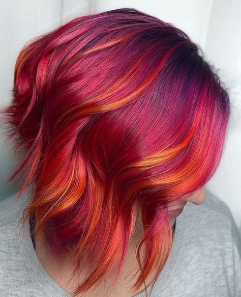 Ombre Hair Styles, Red And Orange Hair, Fire Ombre Hair, Sunset Hair Color, Sunset Hair, Red Ombre Hair, Fire Hair, Peekaboo Hair, Playing With Fire