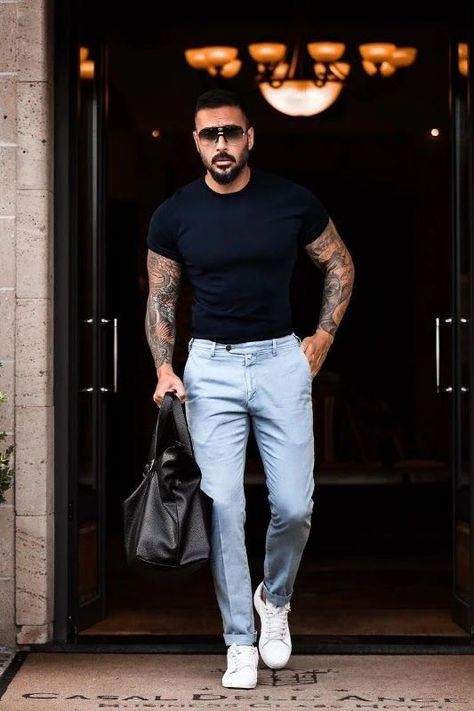 #black #tshirt #Outfit #formen #Men #menswear Black Shirt Combination, Fall Outfits For Men, Black Tshirt Outfit, Cafe Outfit, Light Blue Chinos, Casual Tshirt Outfit, Faded Black Jeans, Tshirt Outfit, Outfit For Men