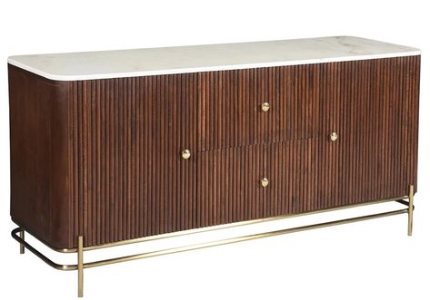 The corrugated mahogany-hued wood of the French Metz Marble Top Buffet features brass hardware on its two large drawers and two doors with interior shelving. The top of the French Metz Marble Top Buffet is a slab of white marble. #midcentury, #contemporary, #buffet, #sideboard Kitchen Buffet Table, Contemporary Buffets And Sideboards, Shabby Chic Buffet, Marble Top Sideboard, Dining Room Design Luxury, Elegant Outdoor Furniture, Blue Sideboards, Farmhouse Sideboard, Painted Sideboard