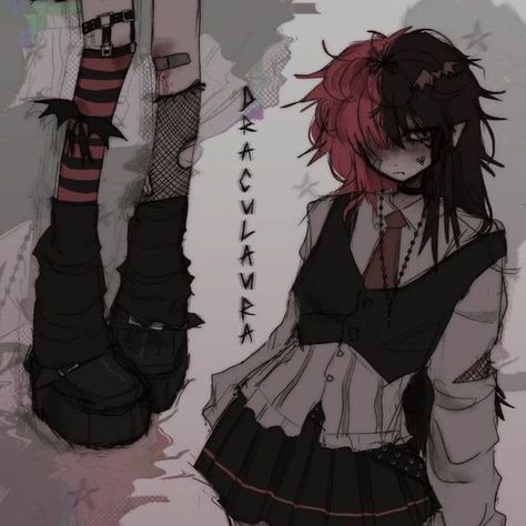 Emo Red Outfit, Russian Oc Art, Grunge Red Outfit, Emo Guy Drawing, Grunge Oc Art, Anime Goth Outfits, Goth Pfps, Red Goth Outfits, Gothic Art Style