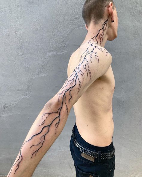 Color Tattoo For Men Arm, Long Tattoo, Roots Tattoo, Lightning Tattoo, Bolt Tattoo, Body Tattoo Design, Majestic Tree, Tree Tattoos, Skeleton Hand Tattoo