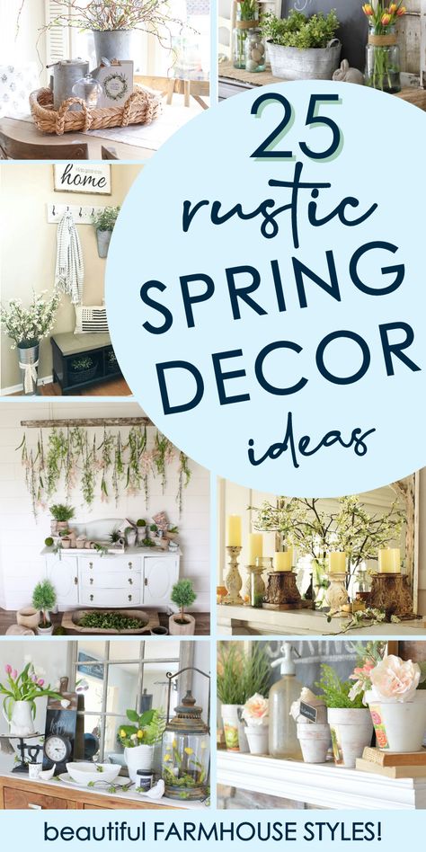 If you love rustic farmhouse style & you love decorating for spring, you'll love these amazing vignettes! Come see how to style your mantels, shelves, console tables, and eating areas with lovely spring touches - easy crafts, DIYS, and style tips! Spring Foyer Table Decor, Farmhouse Accent Table Decor, Spring Shelves Decor, Spring Sideboard Decor, Modern Farmhouse Spring Decor, Spring Console Table Decor, Rustic Spring Decor Diy, Spring Farmhouse Decor Living Room, Spring Entryway Table Decor