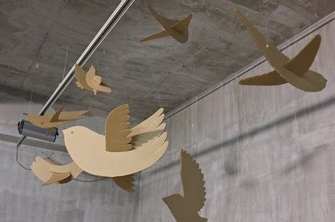 Cardboard Birds, Cardboard Bird, Office Installation, Hanging Birds, Cardboard Animals, Origami Mobile, Bird Mobile, Cardboard Toys, Cardboard Sculpture