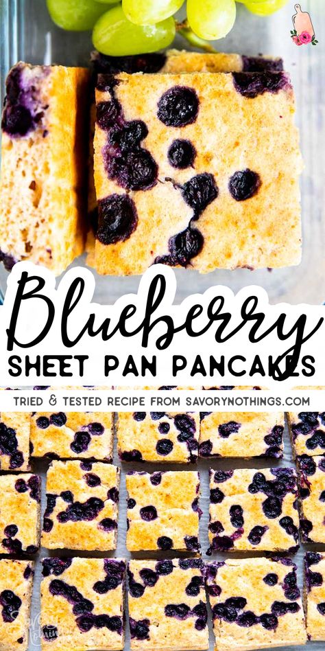 Sheet Pan Blueberry Pancakes are a quick and easy breakfast recipe you can make ahead for meal prep. Serve with fruit for a healthy start into the day! | #mealprep #breakfast #healthybreakfast #healthyfood #healthycooking #healthyeating Blueberry Pancakes Easy, Blueberry Waffles Recipe, Mealprep Breakfast, Blueberry Recipes Breakfast, Pancake Bar, Sheet Pan Pancakes, Pan Pancakes, Blueberry Pancakes Recipe, Berry Pancakes