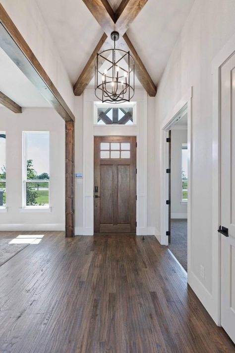 Entryway Vaulted Ceiling, Foyer Beams Entryway, Cathedral Ceiling Living Room Beams, Vaulted Ceiling Entryway, Living Room Beams Ceiling, Vaulted Ceiling Foyer, Entryway Beams, Ranch Home Interior, Vaulted Entryway