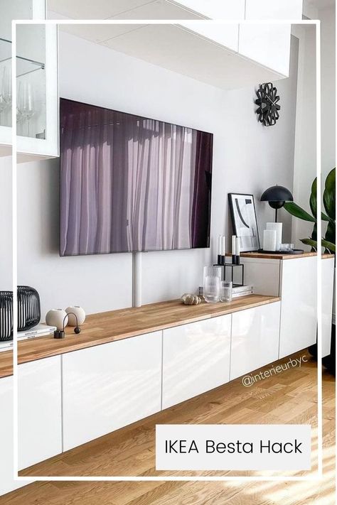 IKEA Besta mit Deckplatt aus Holz Ikea Tv Wall Unit, Living Room Decor Pictures, Ikea Inspiration, Living Room Wall Units, Classy Living Room, Ikea Design, Ikea Living Room, Ikea Besta, Cabinetry Design