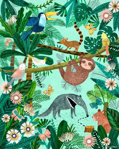 Jungle Wall Stickers, Jungle Illustration, Animals And Plants, Jungle Art, Posca Art, Stretched Canvas Wall Art, Art Wall Kids, Animal Illustration, Botanical Art