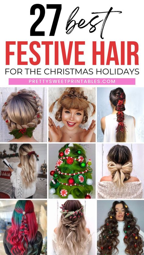 Christmas holiday hairstyles Silly Christmas Hairstyles, Christmas Hair For Women, Xmas Hairstyles For Women, Crazy Holiday Hair Christmas, Christmas Updos For Long Hair, Fun Holiday Hairstyles, Elf Hairstyles Christmas, Christmas Tree Hairstyles For Kids, Christmas Updo Party Hair