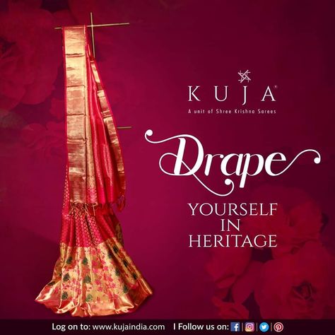 Match any occasion, big or small with classic Kanjivaram sarees from @Kuja. To explore more visit www.kujaindia.com or WhatsApp 9308235883. Saree Advertisement Poster, Saree Poster Background, Saree Background, Saree Creative, Saree Brands, Dasara Wishes, Wedding Album Cover Design, Wedding Album Cover, Indian Clothing Brands