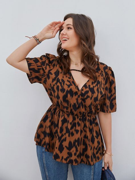 Multicolor Boho  Short Sleeve Polyester All Over Print Peplum Embellished Non-Stretch Summer Plus Size Tops Peplum Top Outfits, Plus Size Business, Plus Size Summer Tops, Plus Size Peplum, Plus Size Summer Outfits, Peplum Blouse, Business Casual Outfits, Plus Size Blouses, Trendy Plus Size