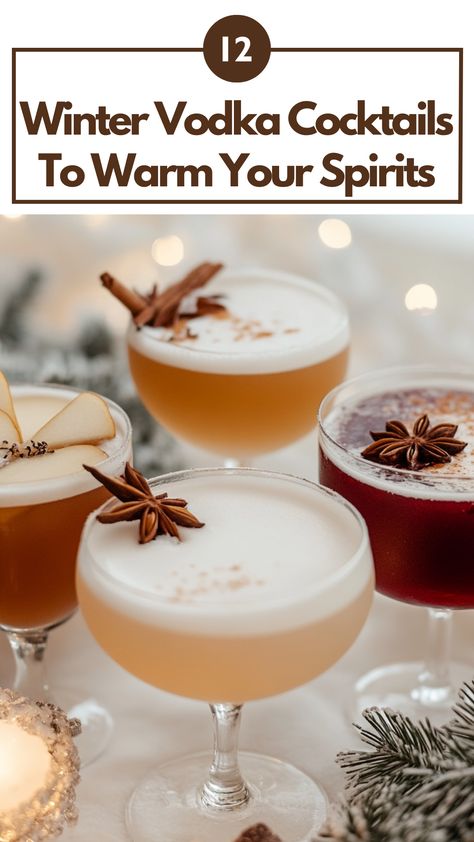 A selection of winter vodka cocktails, featuring festive drinks like spiced pear and cranberry vodka, served in cozy glassware, perfect for holiday celebrations and chilly days. Nye Vodka Cocktail, Winter Martini Recipes Vodka, Winter Party Cocktails, Winter Theme Cocktails, Vodka Cocktails Winter, January Cocktails Recipe, Warm Winter Drinks Alcoholic, Winter Vodka Drinks, Winter Mixed Drinks Cocktails