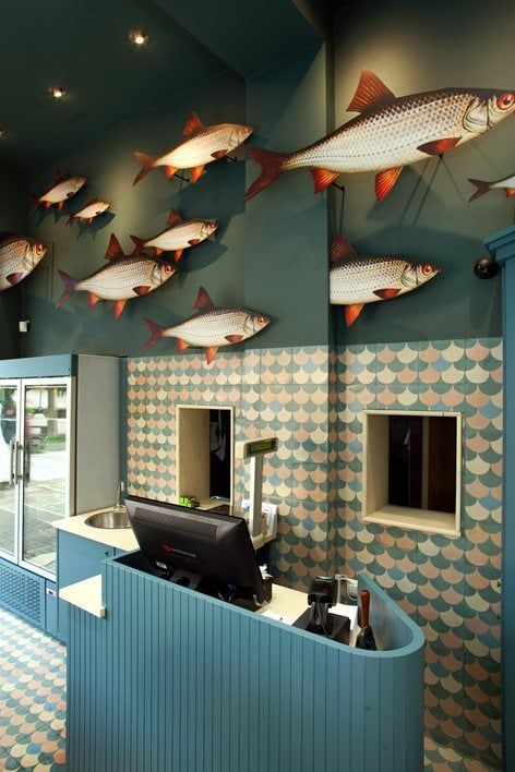 "psaras"-fish store | T&T Architects Seafood Decor, Seafood Store, Aquarium Shop, Seafood Shop, Seafood House, Fish Shop, Grocery Store Design, Fish And Chip Shop, Supermarket Design