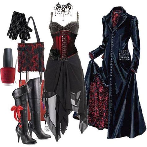 I own something close to goth Halloween category,but this here is just easier to become a goth goddess of a few pieces.To put together an outfit that can be something themed for Halloween,for a woman to party in on October 31,I just suck.So this is just a look a like if my dress that's Lacey black on red and goth,but I'll never succeed if I even have supplies and separates. Vampire Gothic Outfits, Vampire Outfit Female, Moda Steampunk, Vampire Clothes, Gothic Clothes, Gothic Outfits, Goth Outfits, Gothic Style, Steampunk Fashion