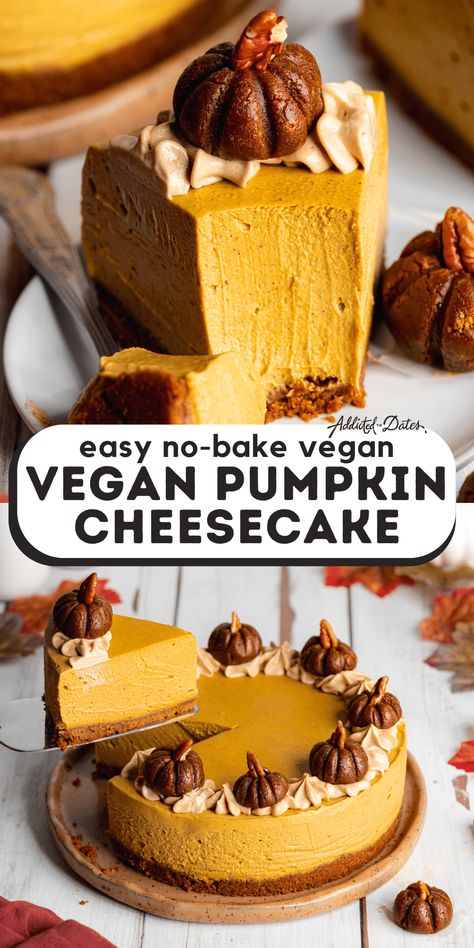 No Bake Vegan Pumpkin Cheesecake - Addicted to Dates Biscoff Crust, Vegan Fall Dessert, Vegan Pumpkin Cheesecake, Patisserie Vegan, Vegan Cheesecake Recipe, Vegan Halloween, Pumpkin Cream Cheese, Veg Food, Vegan Cheesecake