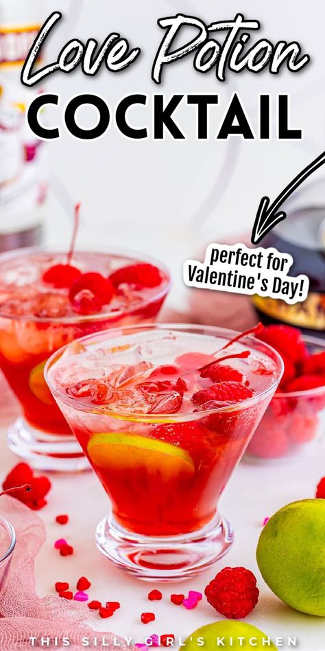 Try This Silly Girl's Kitchen's Love Potion Cocktail! It's sweet, tart, and bubbly, perfect for Valentine’s Day or a cozy date night. Add a touch of romance to your day with this delightful cocktail! Love Potion Cocktail, Christmas Themed Cocktails, Cozy Date Night, Fun Drink Recipe, Potions Recipes, Cherry Vodka, Cranberry Juice Cocktail, Raspberry Vodka, Make Simple Syrup