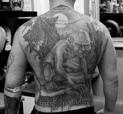 Top 51 Lord Of The Rings Tattoo Ideas - [2021 Inspiration Guide] Gollum Tattoo, Hippie Flower Tattoos, Full Guys, Lord Of The Rings Gollum, Ring Tattoo Designs, Rings Tattoo, Lord Of The Rings Tattoo, Tattoo Back, Gandalf The Grey