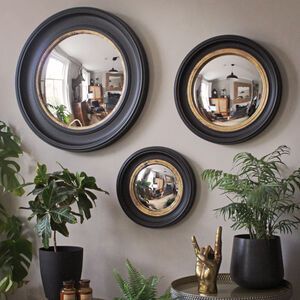 Hallway Wall Decor Mirrors, Decorating With Mirrors In Living Room, 3 Mirrors On Wall Ideas, Hallway 2023, Porthole Mirrors, Bat Decorations On Wall, Decorating Stairway Walls, Unusual Mirrors, Deco Tv