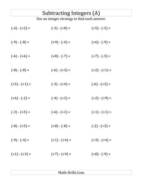 The Subtracting Integers from (-9) to (+9) (All Numbers in Parentheses) (A) Math Worksheet from the Integers Worksheets Page at Math-Drills.com. Addition Of Integers, Subtracting Negative Numbers, Add Integers, Adding Integers Worksheet, Subtracting Integers Worksheet, Negative Numbers Worksheet, 7th Grade Math Worksheets, Math Integers, Adding And Subtracting Integers