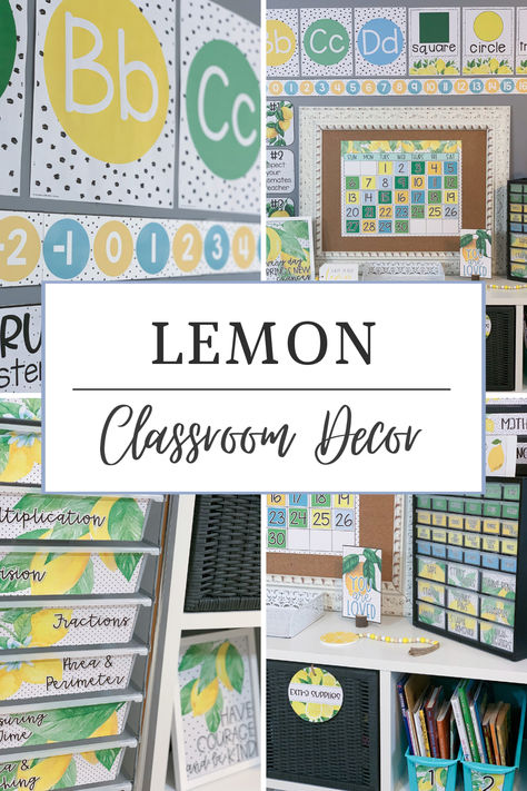 Looking for a lemon classroom decor theme? This classroom decor bundle will go perfectly in a lemon, polka dot, or farmhouse themed room! I think they would also look great with any rustic classroom decor! There are a ton of printable and editable decor pieces to help make your classroom more fun!   #lemondecor #lemonclassroom #classdecor #classroomdecor #lemonclassdecor #classroom #decor #teaching Lemon Door Decorations Classroom, Classroom Fruit Theme Decor, Classroom Decor Bundle Free, Lemon Classroom Decor, Lemon Zest Classroom Theme, Class Jobs Display, Lemon Classroom, Book Box Labels, Class Birthday Display