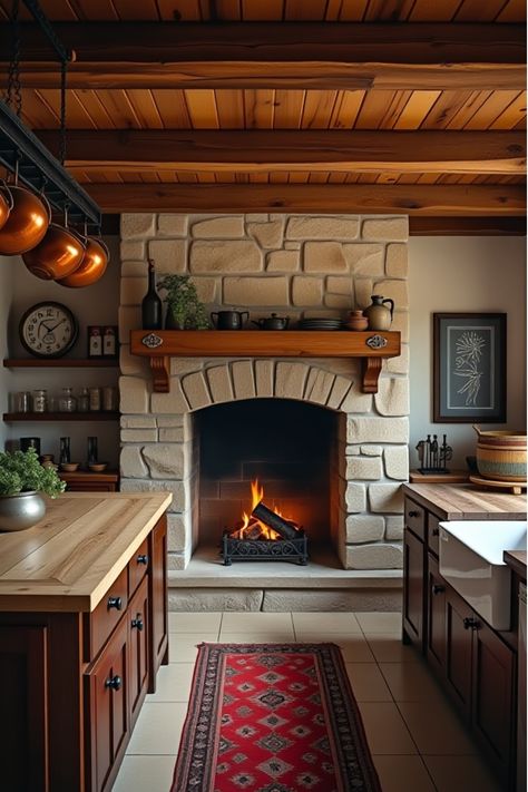 Rustic farmhouse kitchen with stone fireplace and copper pots Fireplace In Kitchen, Dream Farmhouse Kitchen, Ceramic Dishware, Kitchen Layout Ideas, Kitchens Ideas, Montana Homes, Farmhouse Kitchen Ideas, Farmhouse Kitchens, Farmhouse Kitchen Island