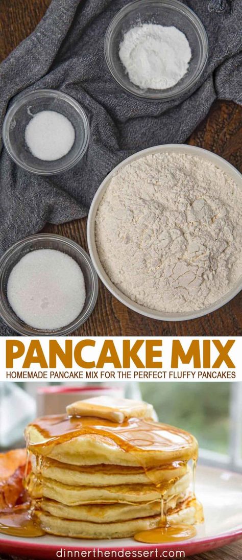 Pancake Mix is an easy mix that turns into delicious fluffy pancakes and is made with flour, baking powder and sugar. #pancake #pancakemix #homemadepancakemix #homemademix #pantrymix #breakfast #dinnerthendessert Diy Pancake Mix, Baking Soda Cleaner, Pancake Mix Recipe, Homemade Pancake Mix, Pancake Dessert, Dinner Then Dessert, Baking Powder Uses, Homemade Pancakes, How To Make Pancakes