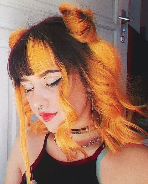 Half Orange And Black Hair, Half Black Half Orange Hair Split, Black And Orange Color Block Hair, Black With Orange Hair, Black Hair Orange Bangs, Half Orange Half Red Hair, Orange Hair Hairstyles, 4 Split Dyed Hair, Half And Half Hair Styles