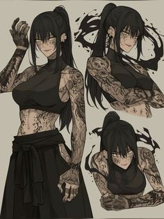 Hot Character Design Female Art, Tattooed Character Design, Character Design With Tattoos, Female Oni Character Art, Oc With Tattoos, Female Oc Ideas Character Design Inspiration, Tattoo Character Design, Concept Art Character Design References, Jujutsu Kaisen Character Design