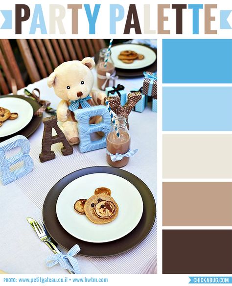 Party palette: Color inspiration for a blue and brown baby shower #colorpalette Baby Shower Oso, Teddy Bear Baby Shower Theme, Theme Bapteme, Baby Shower Cake Table, Baby Shower Planner, Bear Baby Shower Theme, Teddy Bear Party, Boy Baby Shower Ideas, Teddy Bear Birthday