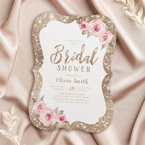 $2.04 | Sparkle gold glitter and pink floral bridal shower #elegant, floral, glitter, sparkle, pink and gold, bridal shower, floral bridal shower invitations, blush, flowers, gold Pink And Gold Bridal Shower Ideas, Pink Floral Bridal Shower, Rose Gold Sparkle, Gold Bridal Showers, Pink Bridal Shower, Floral Bridal Shower Invitations, Blush Flowers, Gold Invitations, Pink Invitations