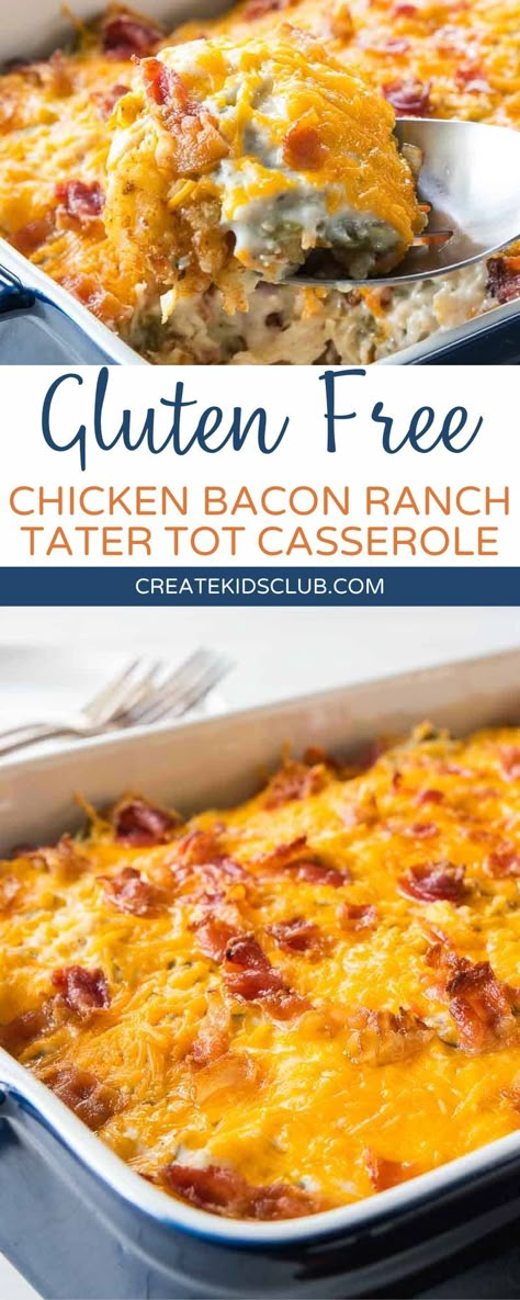 Gluten Free Chicken Bacon Ranch Tater Tot Casserole is easy to make with frozen tater tots and canned green beans combined with cream of chicken soup, rotisserie chicken, and cheese baked into kid-favorite dinner. There are many versions of tater tot casserole. Our version takes simple ingredients that you likely already have on hand to create a flavor packed chicken tater tot casserole. Gluten Free Chicken Casserole Recipes, Soup Rotisserie Chicken, Bacon Ranch Tater Tot Casserole, Gluten Free Chicken Casserole, Ranch Tater Tot Casserole, Gluten Free Casserole Recipes, Gluten Free Freezer Meals, Gluten Free Dairy Free Dinner, Gluten Free Casserole