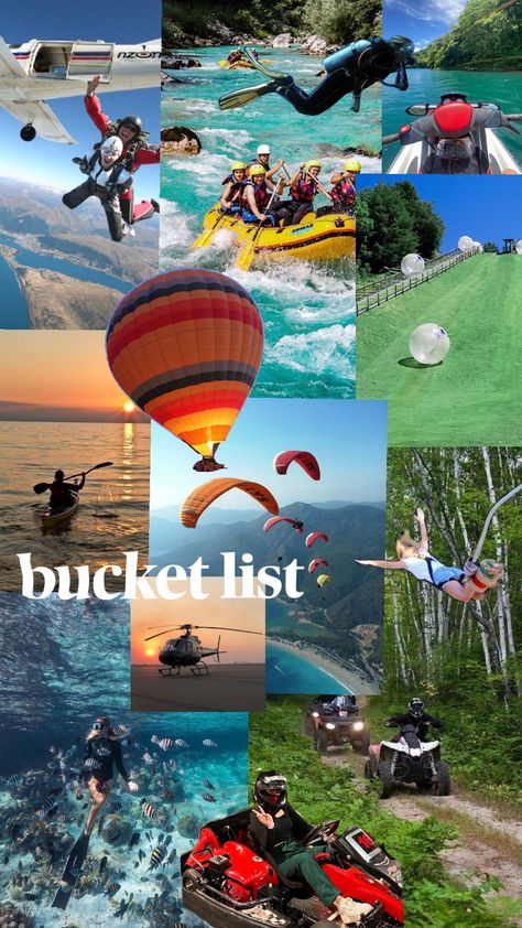 #bucketlist #adrenalin #bungeejumping #skydiving #snorkeling #surfing #waterski #skydiving #gocart #hotairballon #kajak #rafting #paragliding #scubadiving #summer Dangerous Sports, Create Reality, Adventure Aesthetic, Bungee Jumping, Water Skiing, Skydiving, Travel Bucket List, Scuba Diving, Rafting