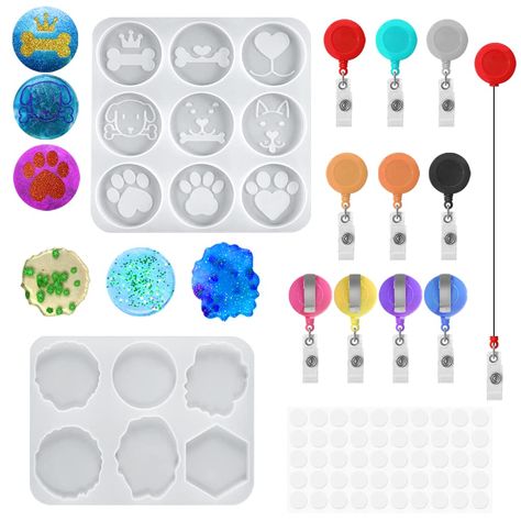 PRICES MAY VARY. PACKAGE INCLUDES: You will get 2 silicone molds, 10 retractable badge reels, 50 pieces of 20mm transparent double-sided circular adhesive tape. Enough quantity and variety to meet your needs. MULTIPLE COLORS AND STYLES: There are 15 cavities in the two types of silicone molds. Each cavity has a different pattern. You have 15 choices. 10 retractable badge clips, the colors are random, you will get different surprises, and you can choose a variety of colors at will. SIZE: 2 types How To Make Badge Reels, How To Make Badges, Double Sided Adhesive Tape, Casting Resin Molds, Epoxy Resin Crafts, Diy Resin Art, Diy Resin Crafts, Casting Jewelry, Diy Resin