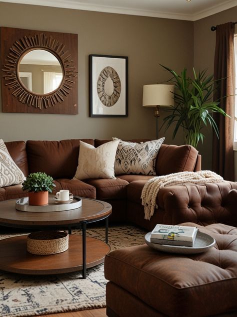 Brown Furniture Living Room Decor Ideas, Coffee Brown Couch Living Room Ideas, Brown Living Rooms Ideas, Coffee Colour Living Room, Brown White And Gold Living Room, Coffee Coloured Living Room, Living Room With Chocolate Brown Couch, Oak Floor Living Room Ideas, Grey And Brown Home Decor