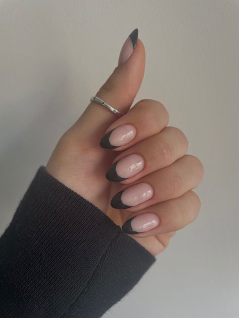 Grey Almond French Tip Nails, Black Round French Tips, Dark Grey French Tip Nails, Grey French Tips, Almond Nails French, Bad Nails, Black French Tips, Nude Nail Designs, French Nail Designs