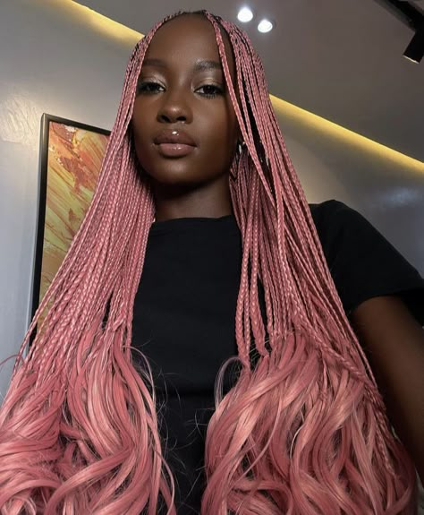 Light Pink Braids Black Women, Pink Short Braids, Pink Braids With Curls, Pink French Curl Braids, Blonde And Pink Box Braids, Pink Goddess Braids, Pink Hair Braids, Pink Braids Black Women, Black And Pink Braids