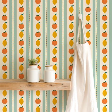 Citrus Theme Kitchen, Cute Kitchen Wallpaper, Small Pantry Wallpaper, Mid Century Modern Kitchen Wallpaper, Yellow And Orange Kitchen, Mid Century Color Scheme, Light Teal Wallpaper, Red And Teal Kitchen, Pantry Dining Room