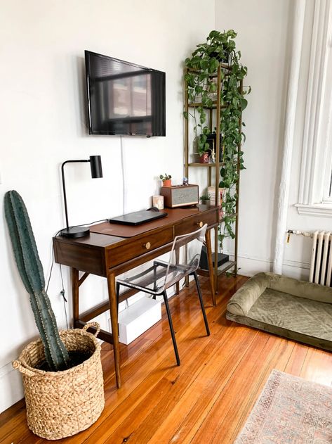 Decor Under Tv, Boston Apartment, Being Intentional, Under Tv, Small Space Design, Apartment Tour, Small Space Living Room, Beacon Hill, Work Spaces