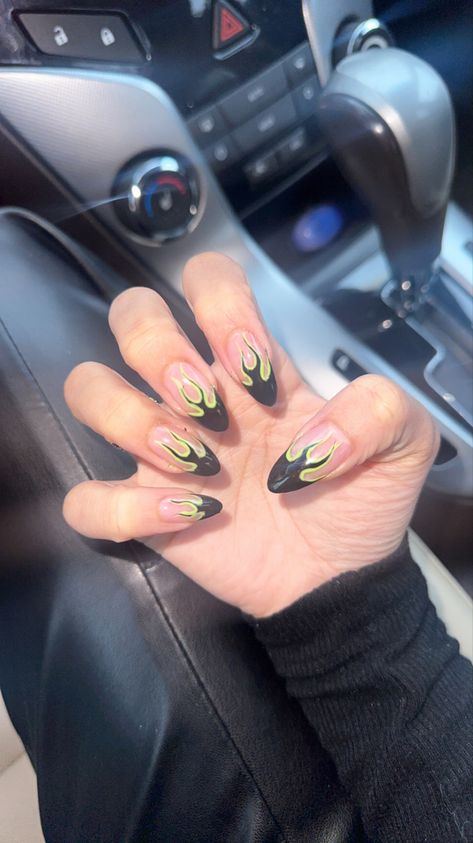 Green Flame Nail Art, Neon Green Flame Nails, Green Fire Nails, Green Flame Nails, Nails With Flames, Black Flame Nails, Flame Nails, Flame Nail Art, Back To School Nails