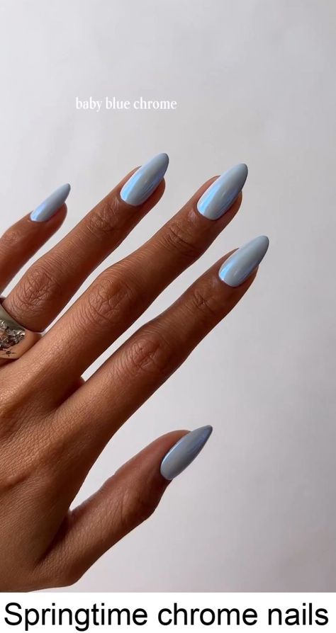 Springtime chrome nails Blue Crome Nails French, Light Grey Chrome Nails, Light Blue Nails Almond, Blue Chrome Nails Designs, Light Blue Chrome Nails, Chrome Nail Ideas, Blue Chrome Nails, Light Blue Nails, Chrome Nail Art