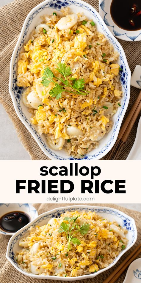 a plate of scallop fried rice Scallop Fried Rice, Phillipino Food, Seafood Fried Rice, Shrimp And Rice Recipes, Asian Seasoning, Confort Food, Fry Recipes, Healthiest Seafood, Scallop Recipes