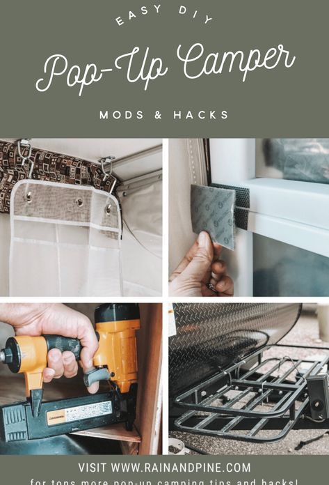 Easy DIY pop-up camper mods and hacks - how to add storage to a camper trailer, how to create storage for #camping #hacks #food #campinghacksfood Easy DIY pop-up camper mods and hacks - how to add storage to a camper trailer, how to create storage for a rug with a pipe on the bumper, how to install hooks in the roof, how to convert a dinette into a bed or couch, and more! This website has tons of pop-up camping tips including free packing list camp printables! - Rain and Pine Tent Trailer Remodel, Tent Trailer Camping, Camper Mods, Pop Up Camper Trailer, Popup Camper Remodel, Camper Curtains, Pop Up Tent Trailer, Glamper Camper, Create Storage