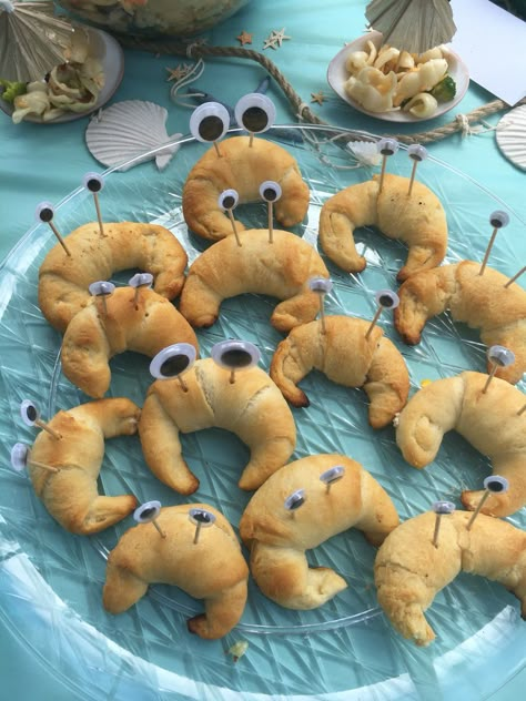 Crabwiches! Beach theme food. Crescent rolls and Google eyes! Beach Birthday Treats, Blue Beach Themed Birthday Party, Beach Theme Bridal Shower Ideas Food, Sweet 16 Party Ideas Beach Theme, Beach Theme Sleepover Party, Beach Theme Retirement Party Ideas, Beach Theme Birthday Party For Teens, Retirement Party Beach Theme, Beach Theme Wedding Shower Ideas