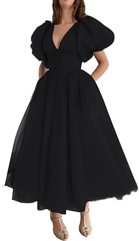 From Amazon! Aesthetic Prom Dress Vintage, Aesthetic Prom Dress, Prom Dress Aesthetic, Fancy Prom Dresses, Sleeve Prom Dresses, Tea Length Prom Dress, Puffy Sleeve Dress, Tulle Homecoming Dress, Dresses Formal Elegant